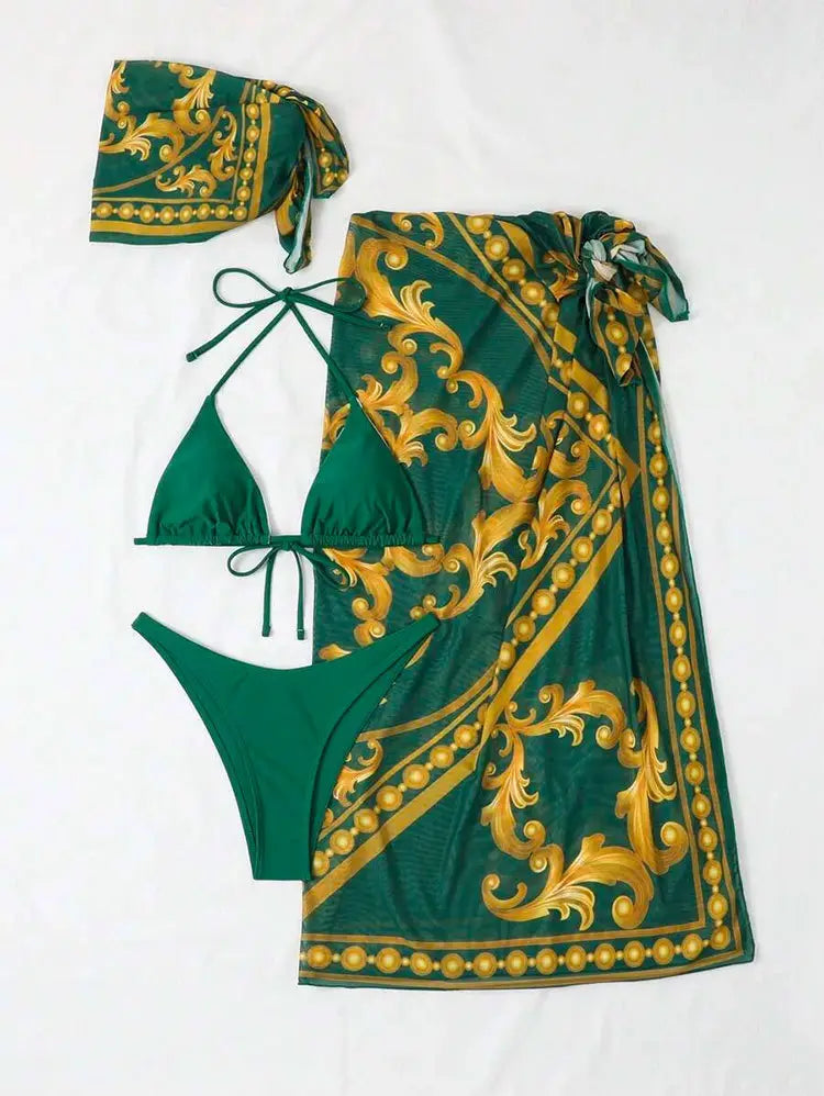 Vintage Print Lace-up Bikini Swimsuit Three-piece Suit