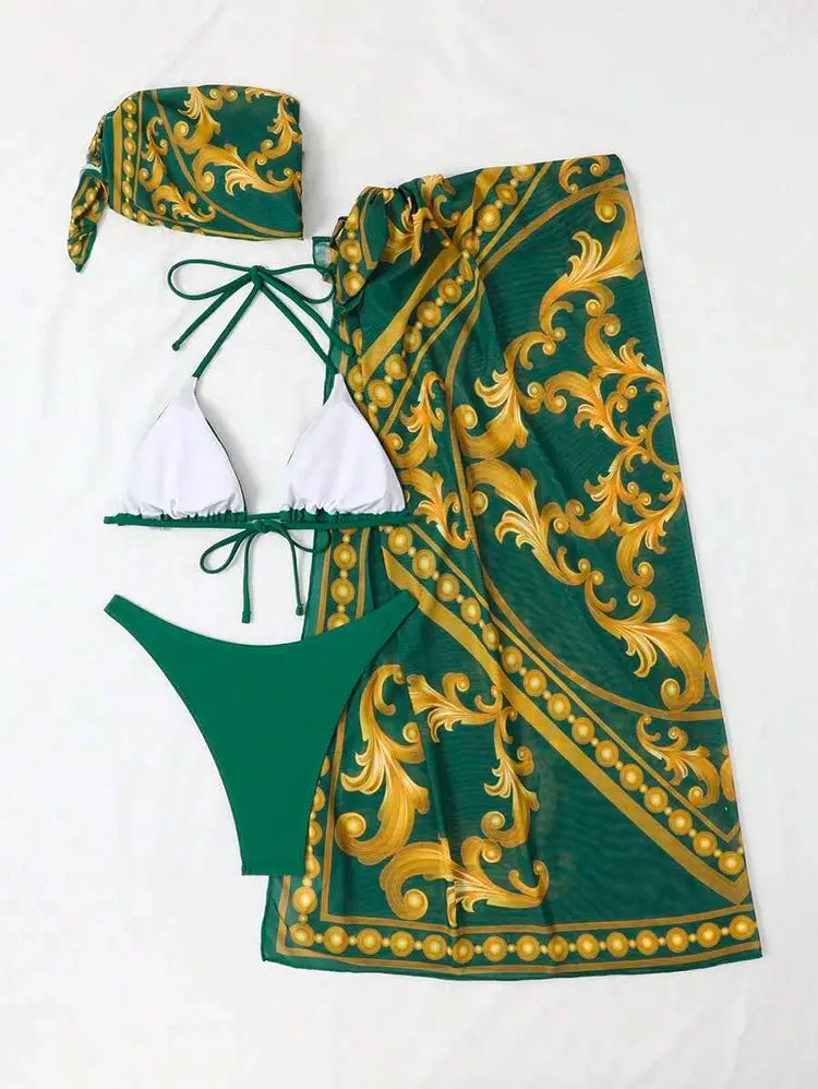 Vintage Print Lace-up Bikini Swimsuit Three-piece Suit