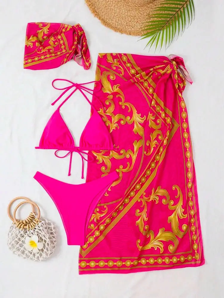 Vintage Print Lace-up Bikini Swimsuit Three-piece Suit