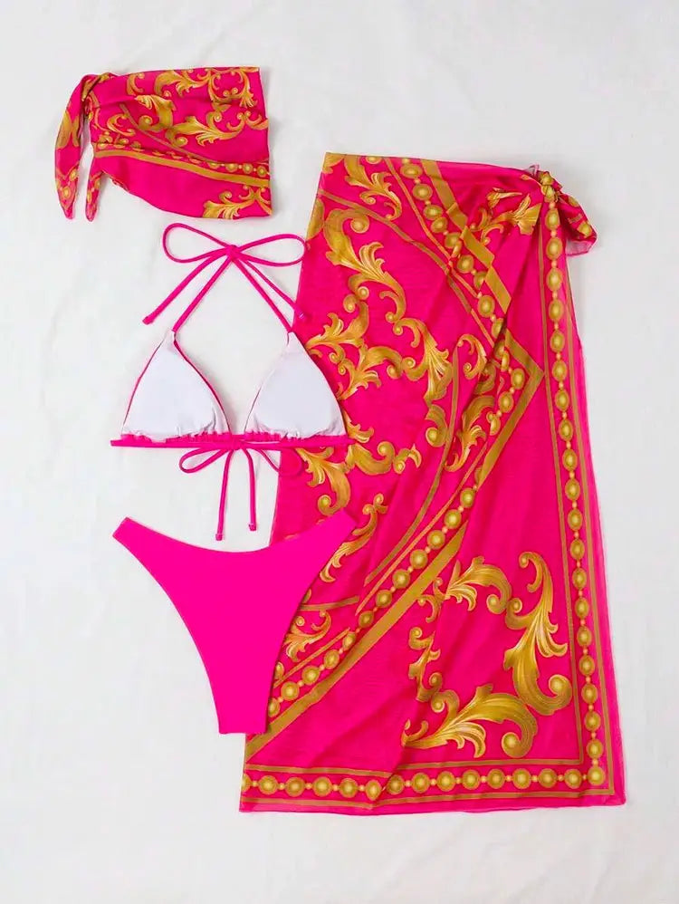 Vintage Print Lace-up Bikini Swimsuit Three-piece Suit