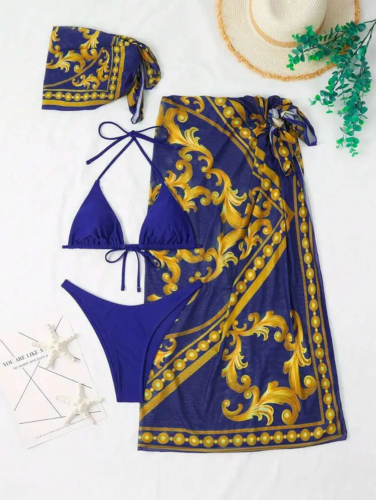 Vintage Print Lace-up Bikini Swimsuit Three-piece Suit