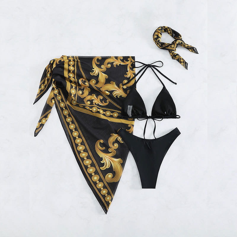 Vintage Print Lace-up Bikini Swimsuit Three-piece Suit