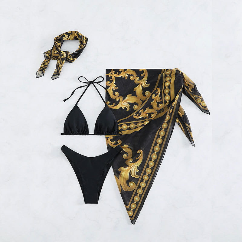Vintage Print Lace-up Bikini Swimsuit Three-piece Suit