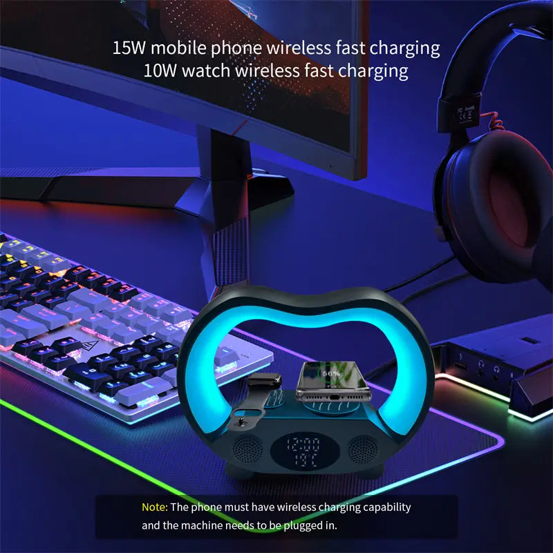 6 in 1 Wireless Charging Station with Bluetooth Speaker and Clock