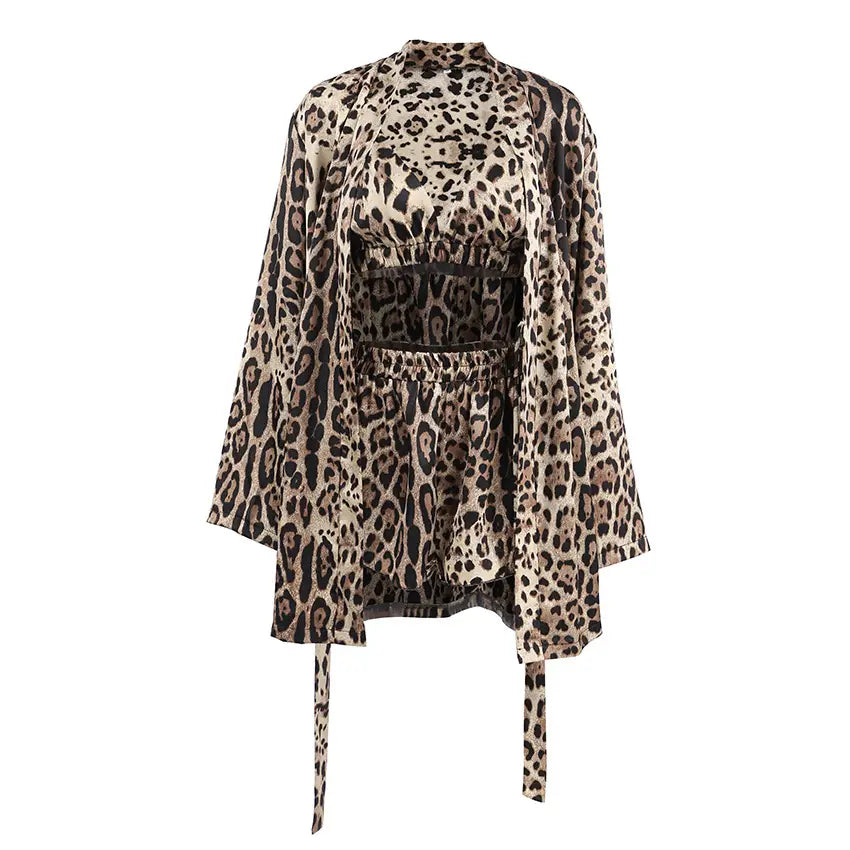 Lockeres, langärmliges Unterwäsche-Pyjama-Set mit Leopardenmuster und dreiteiliger Hose