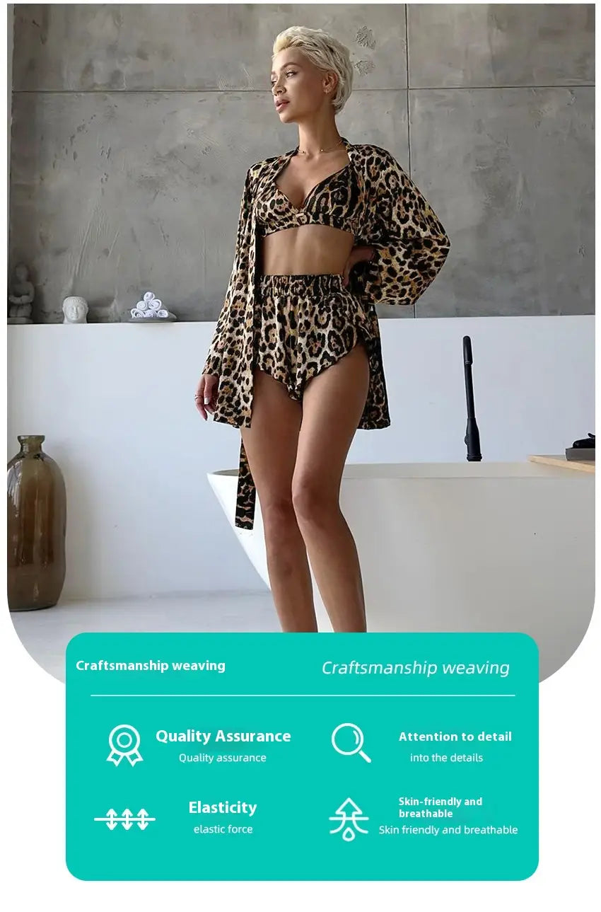 Lockeres, langärmliges Unterwäsche-Pyjama-Set mit Leopardenmuster und dreiteiliger Hose