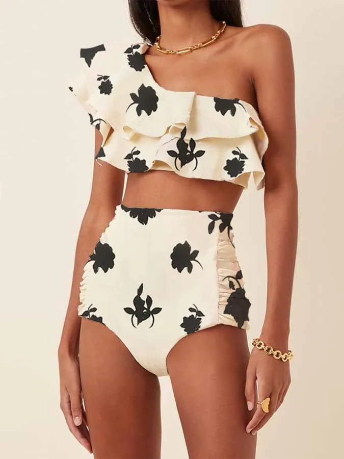 Women’s Printed Oblique Shoulder Ruffles High Waist Bikini Suit