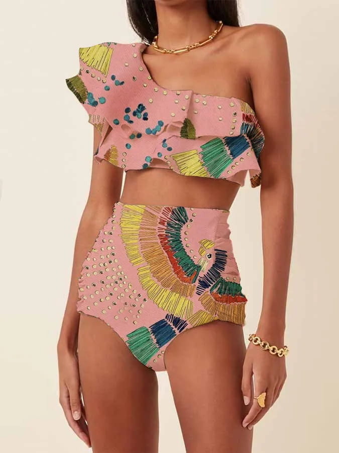 Women’s Printed Oblique Shoulder Ruffles High Waist Bikini Suit