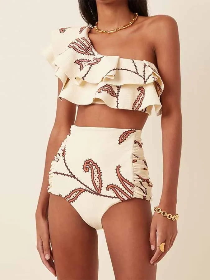 Women’s Printed Oblique Shoulder Ruffles High Waist Bikini Suit
