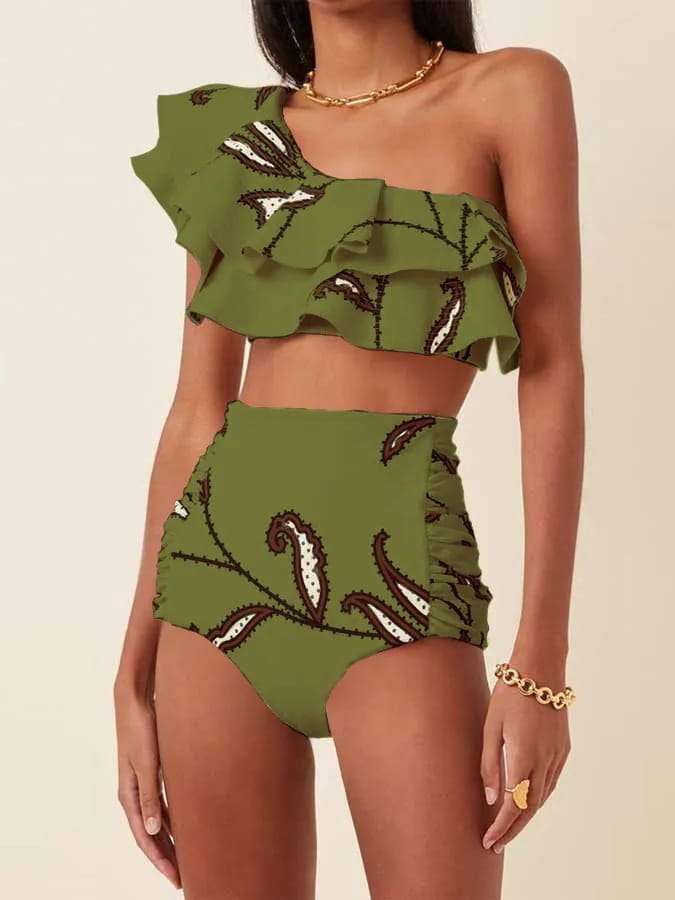 Women’s Printed Oblique Shoulder Ruffles High Waist Bikini Suit