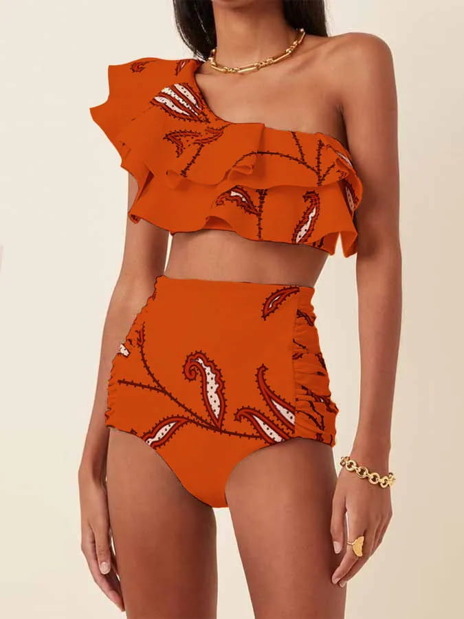 Women’s Printed Oblique Shoulder Ruffles High Waist Bikini Suit