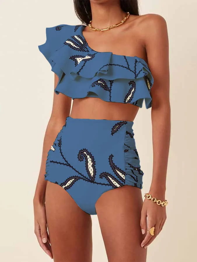 Women’s Printed Oblique Shoulder Ruffles High Waist Bikini Suit