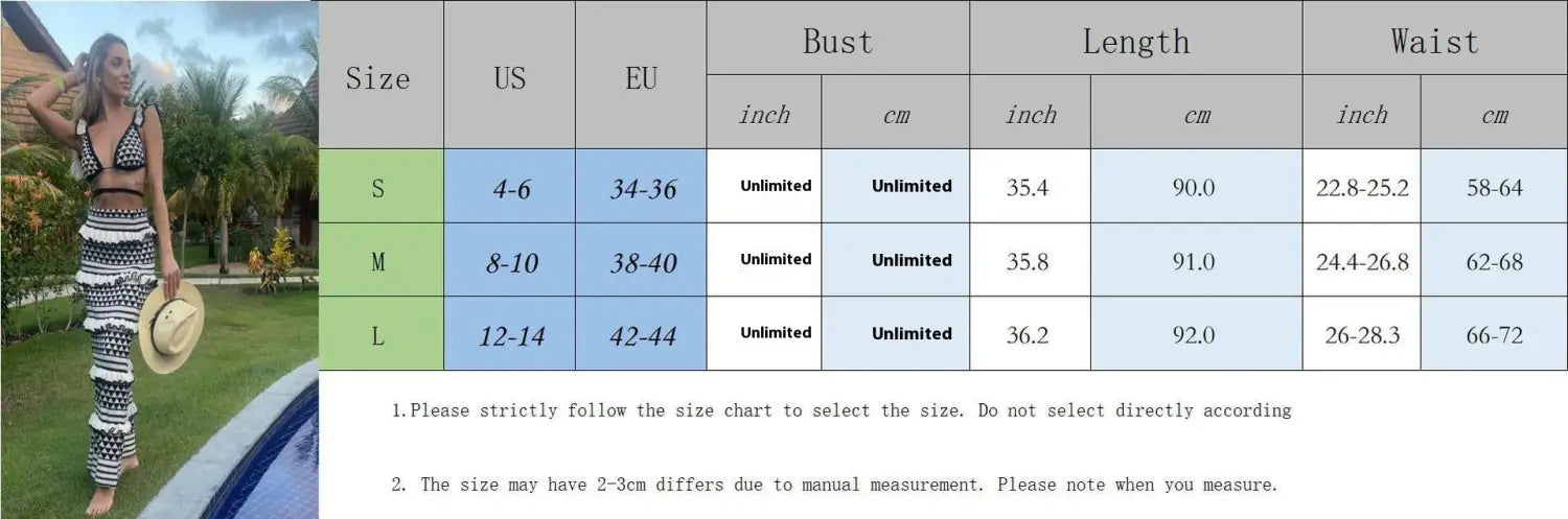Striped Bikini Ruffled Spaghetti Straps Top Suit Long Knitted Skirt For Women