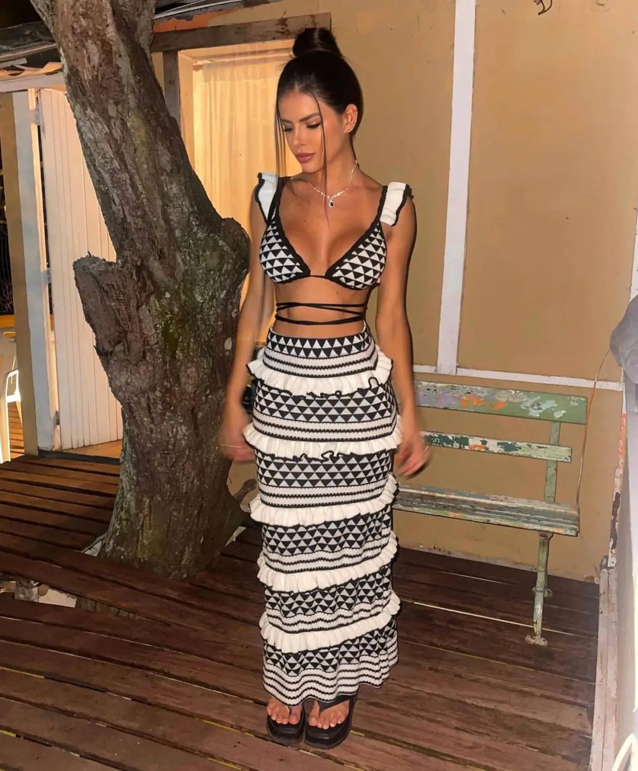 Striped Bikini Ruffled Spaghetti Straps Top Suit Long Knitted Skirt For Women
