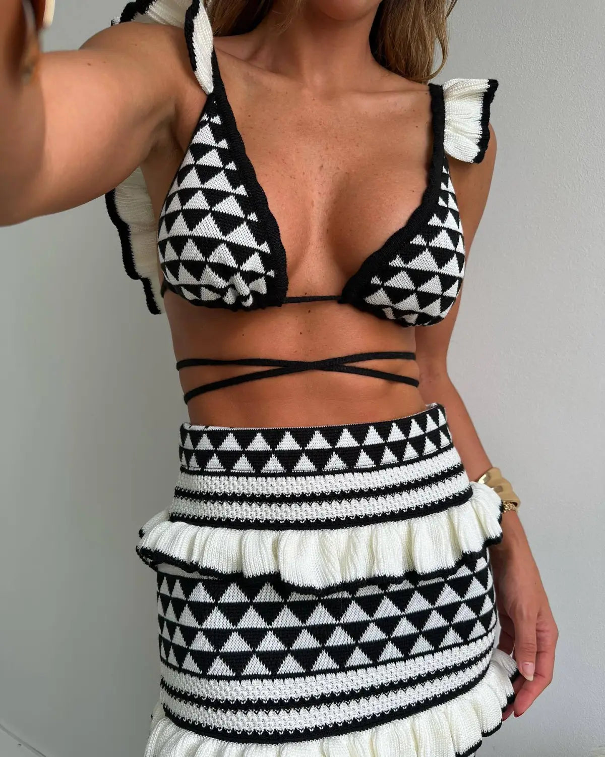 Striped Bikini Ruffled Spaghetti Straps Top Suit Long Knitted Skirt For Women