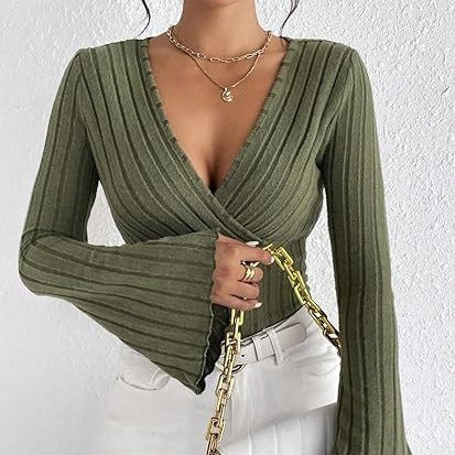 Ribbed V-Neck Flare Sleeve Slim Autumn Top for Women - LauBelle Brand