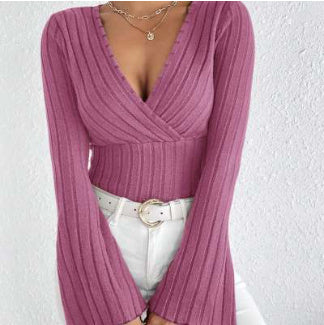 Ribbed V-Neck Flare Sleeve Slim Autumn Top for Women - LauBelle Brand