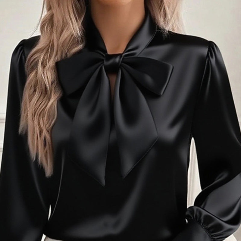 Satin Bow Blouse - Women's Casual Long Sleeve Top - LauBelle Brand