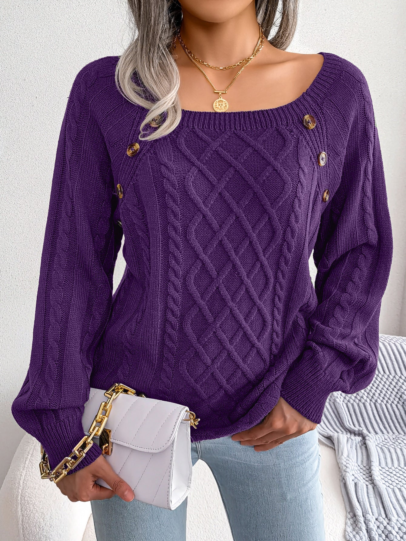 Buttoned Bliss: Square Neck Knit Winter Sweater - LauBelle