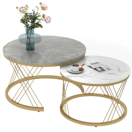 Moderne Nesting Coffee Table Set with Marble Veneer Round End Tables