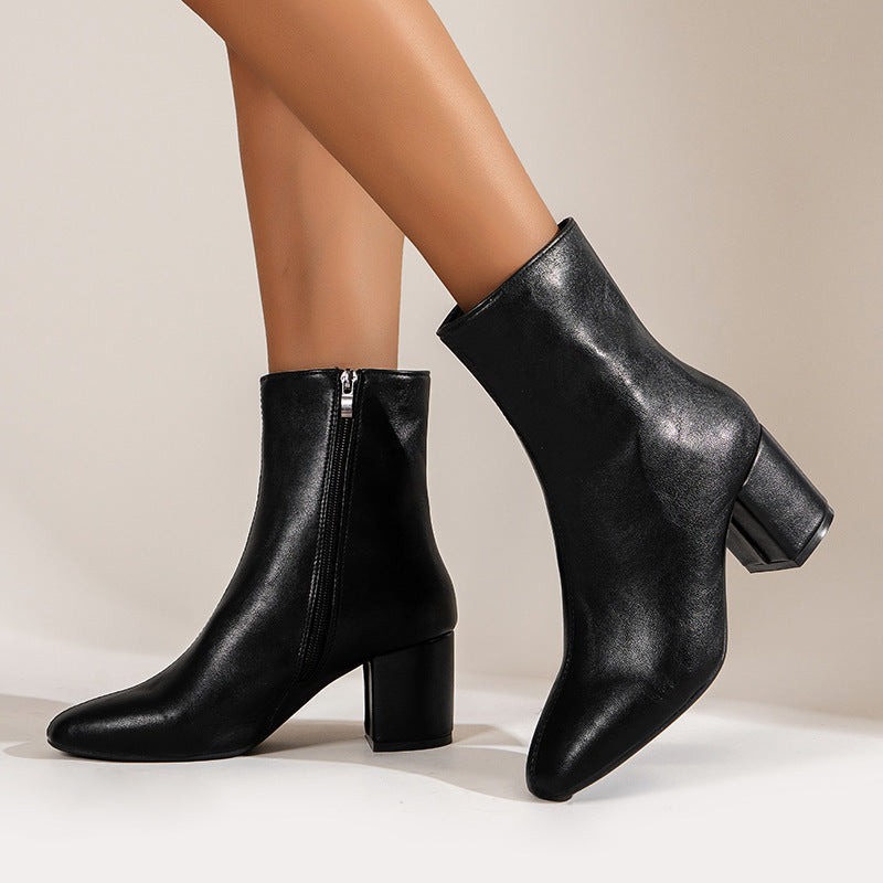Chunky Heel Pointed Toe Boots With Side Zipper Fashion Mid-calf Boot For Women Shoes - LauBelle