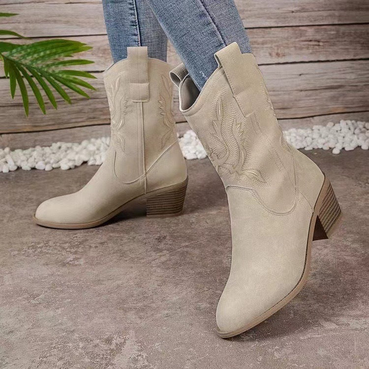 Fashion Chunky-heeled Pointed Toe Boots Winter Ethnic Style Embroidered Mid-Tube Western Shoes Women - LauBelle