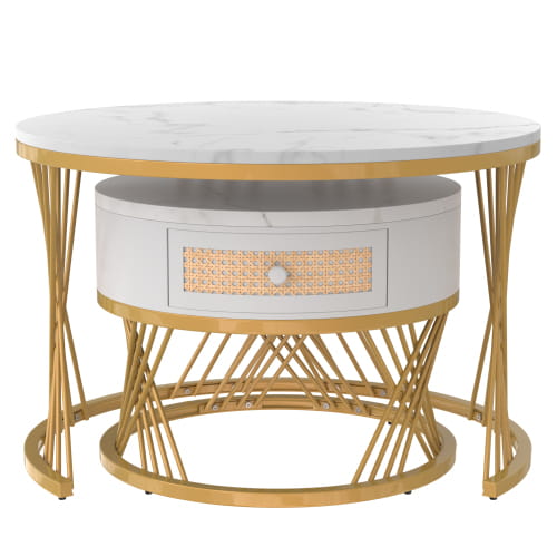 2 in 1 Round Coffee Table with Marble Top and Rattan Drawers