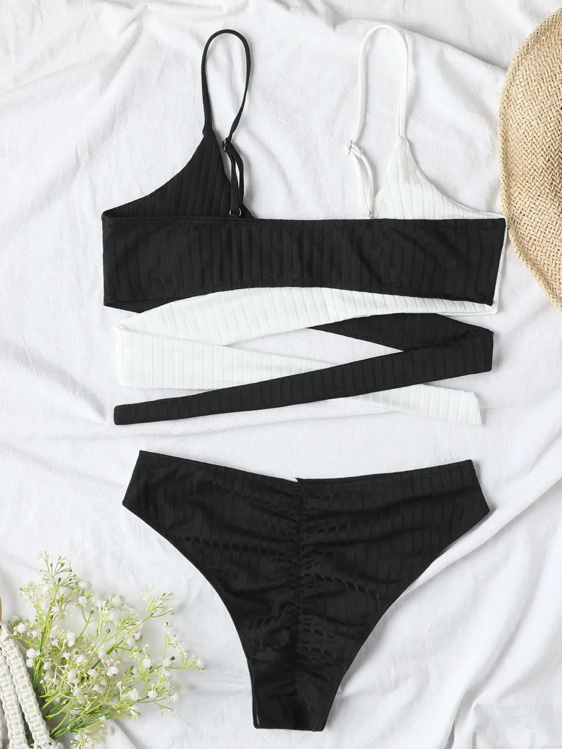 Color-blocked Thick Pit Strip Cross-tie Swimsuit