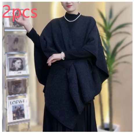 Fur Collar Fur Ball Knitted Cardigan Cape And Shawl - LauBelle