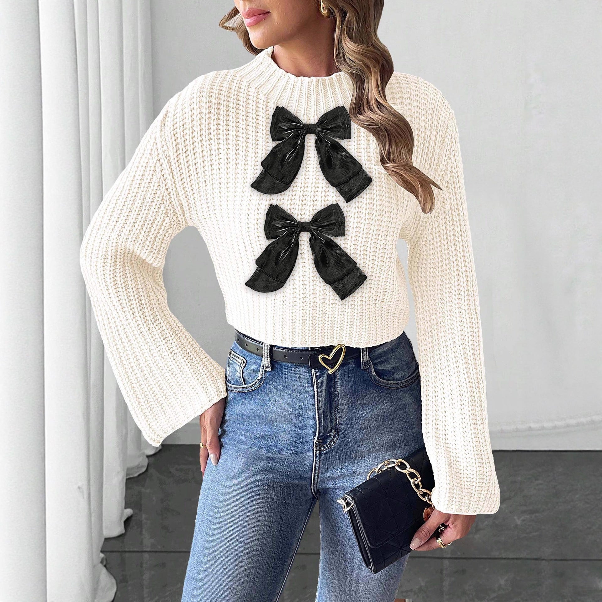 ChicFlare: Patchwork Bow Mock-Neck Sweater - LauBelle