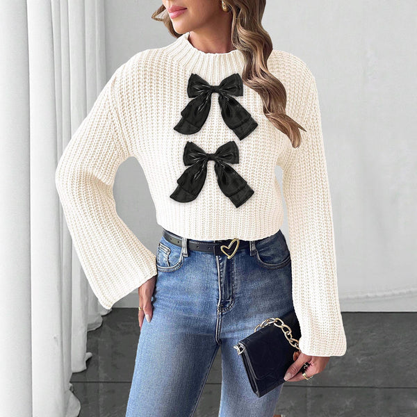 ChicFlare: Patchwork Bow Mock-Neck Sweater - LauBelle
