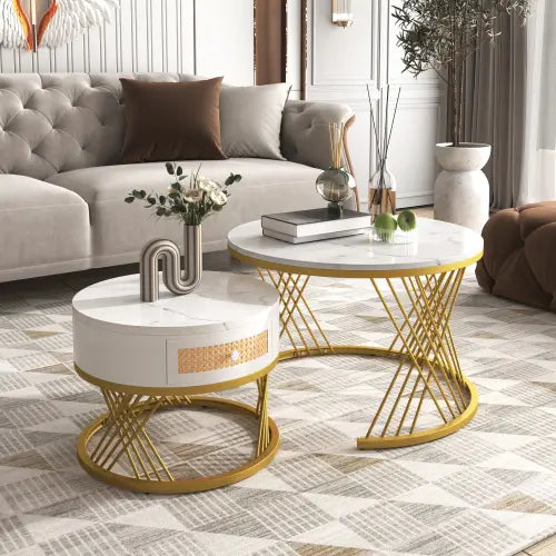 2 in 1 Round Coffee Table with Marble Top and Rattan Drawers