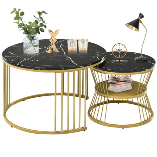 Moderne Nesting Coffee Table Set with Marble Veneer Round Design