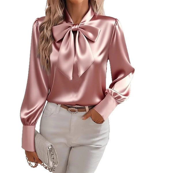 Satin Bow Blouse - Women's Casual Long Sleeve Top - LauBelle