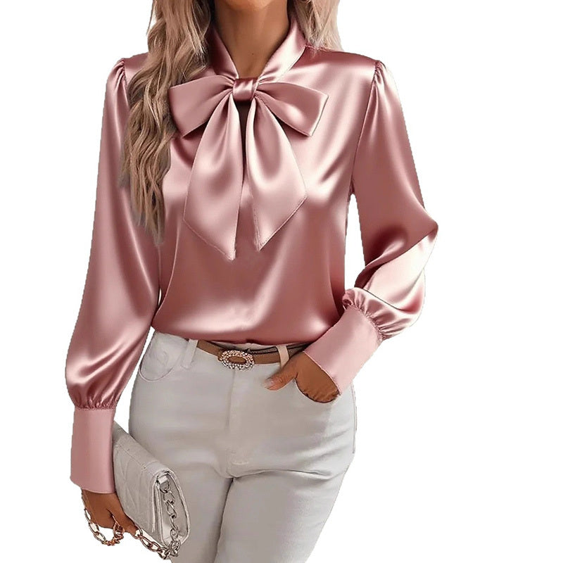 Satin Bow Blouse - Women's Casual Long Sleeve Top - LauBelle Brand