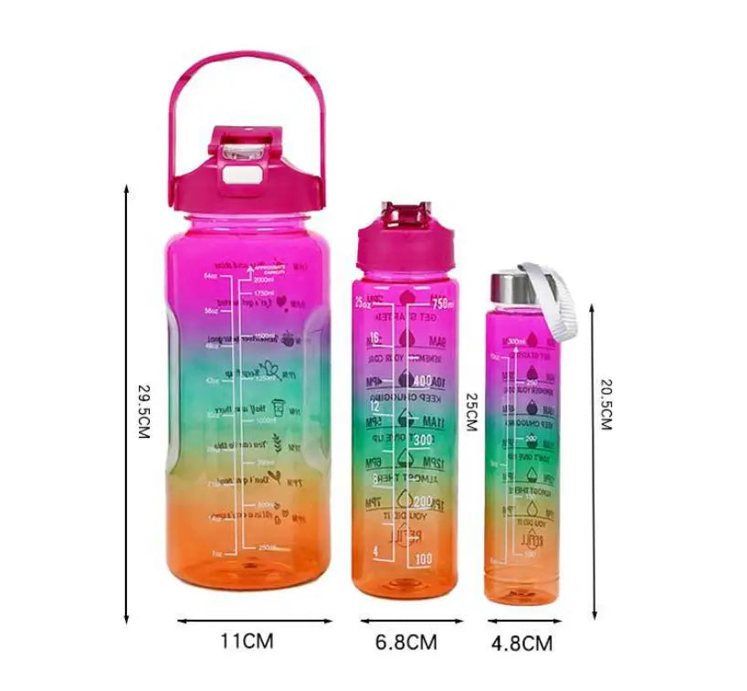 Gradient Color Motivational Water Bottles Set 3 Piece with Straw Cup