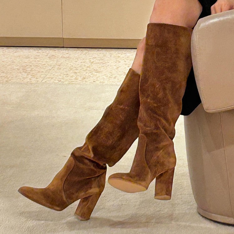 Suede Pleated Pointed Toe Chunky Heel Sleeve Boots