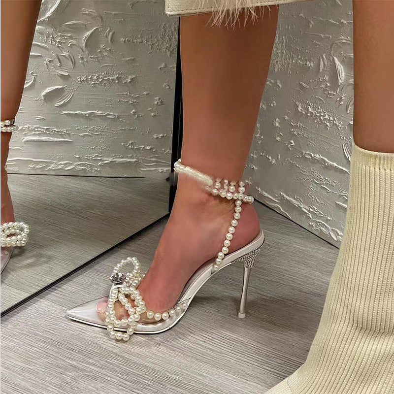 Glassy Pearl Bow Heels: Elegance in Every Step