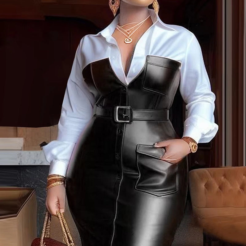 Chic V-Neck Belted Bodycon Midi Dress with Leather Trim - LauBelle Brand
