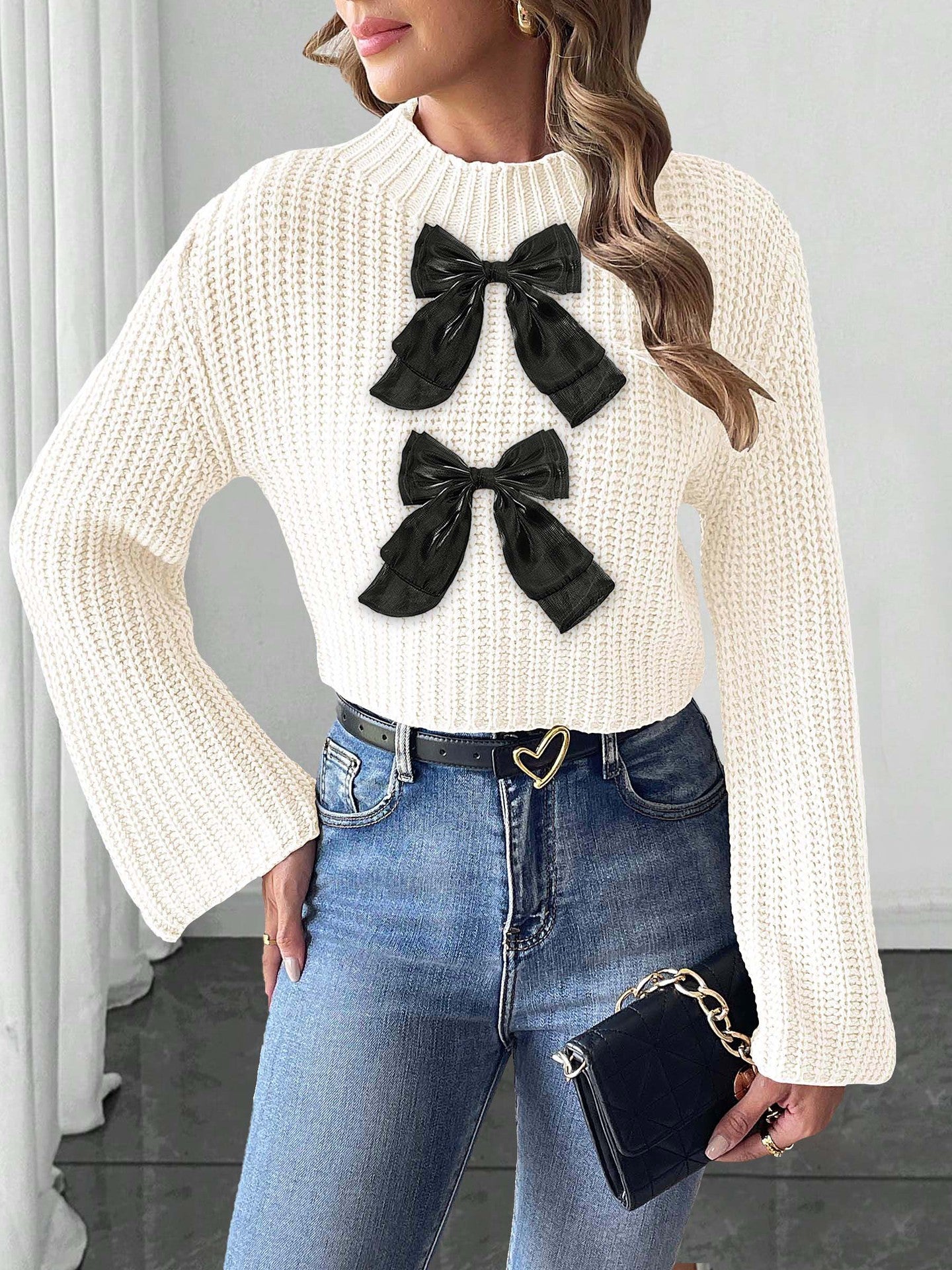 ChicFlare: Patchwork Bow Mock-Neck Sweater - LauBelle