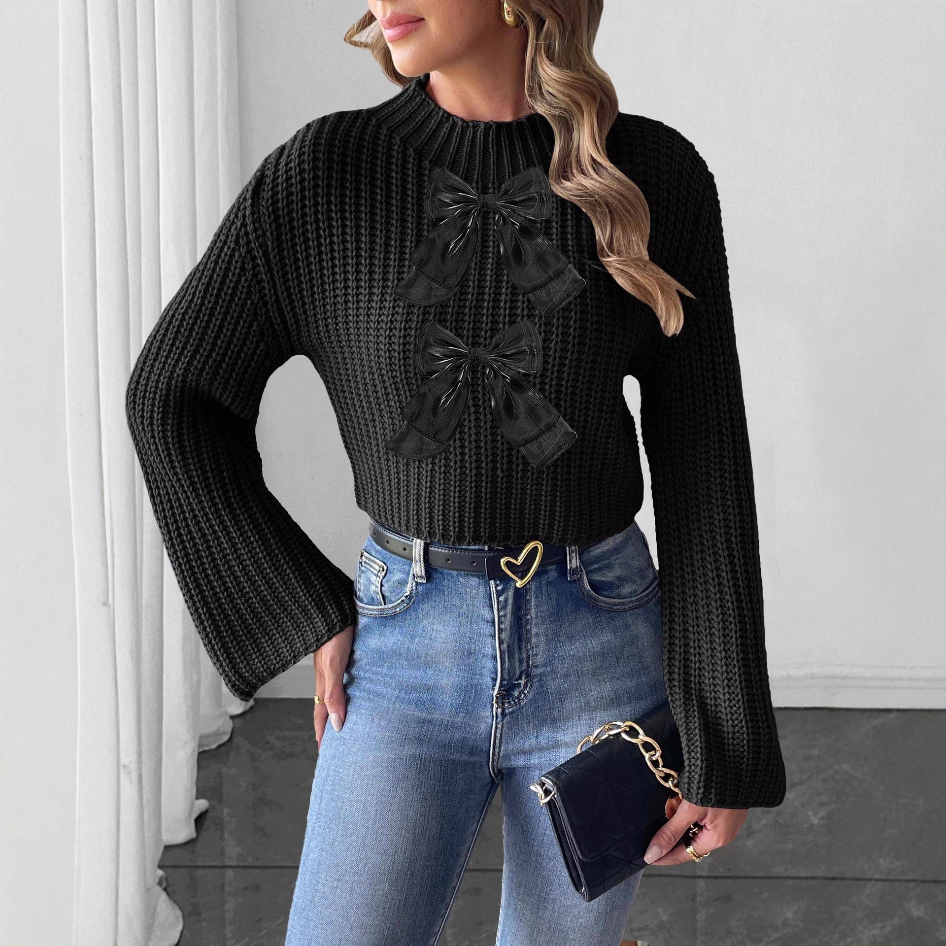 ChicFlare: Patchwork Bow Mock-Neck Sweater - LauBelle Brand