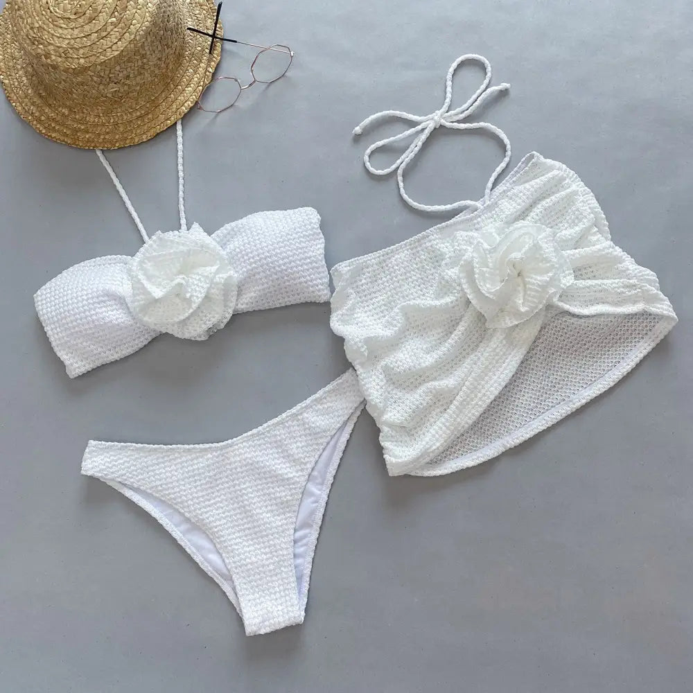 3D Flower Split Women’s Swimsuit Three-piece Bikini