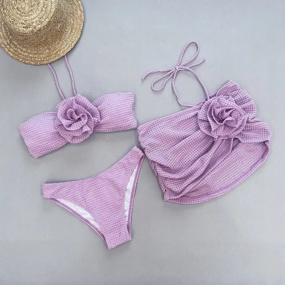 3D Flower Split Women’s Swimsuit Three-piece Bikini