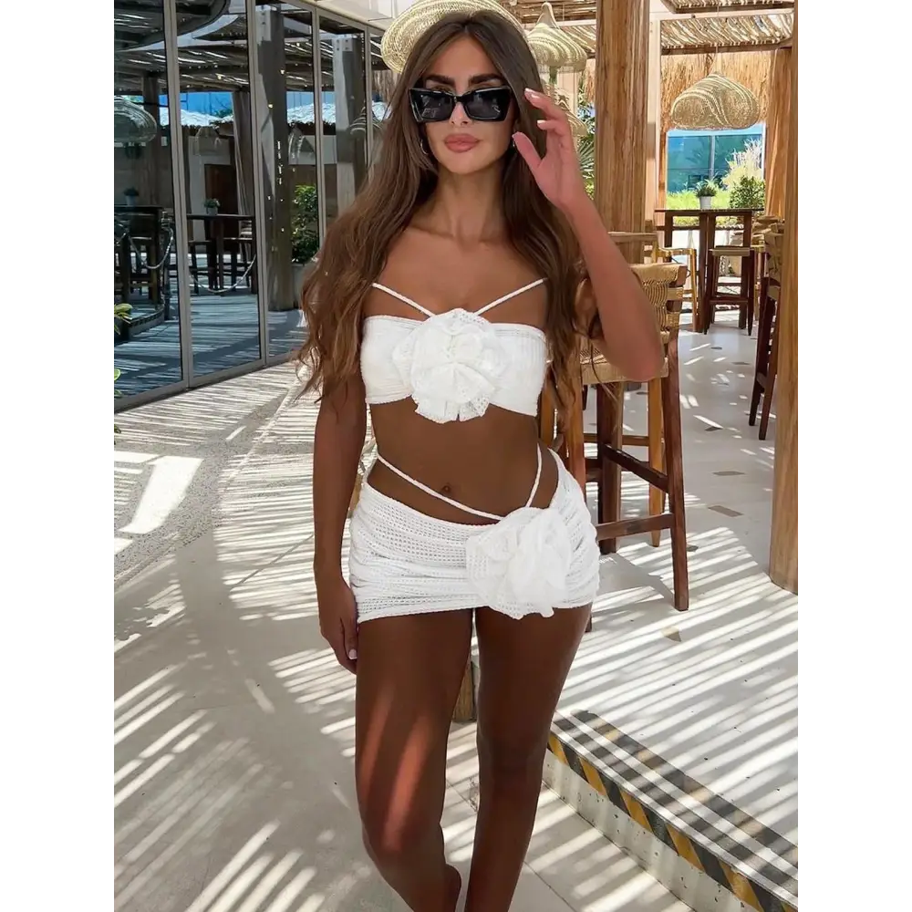 3D Flower Split Women’s Swimsuit Three-piece Bikini - C3431 White / S