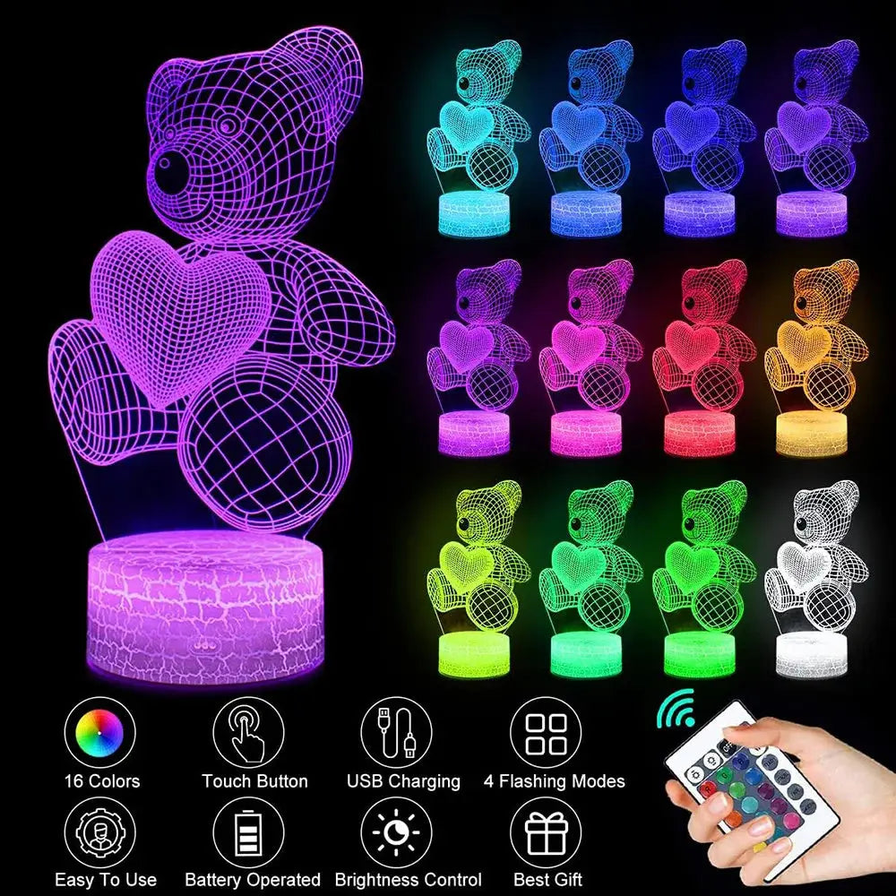 3D Teddy Bear Optical Acrylic Night Light Black1 / 16 colors remote