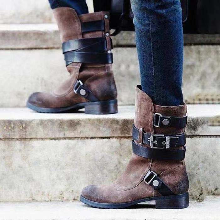 Retro Buckle Suede Heeled Boots - LauBelle