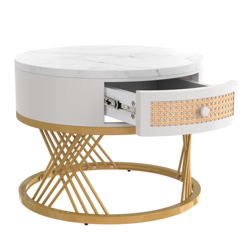 2 in 1 Round Coffee Table with Marble Top and Rattan Drawers