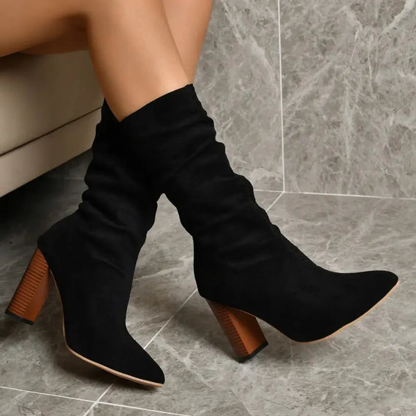 ChicStride Suede Mid-Calf Block Heel Boots for Women - LauBelle