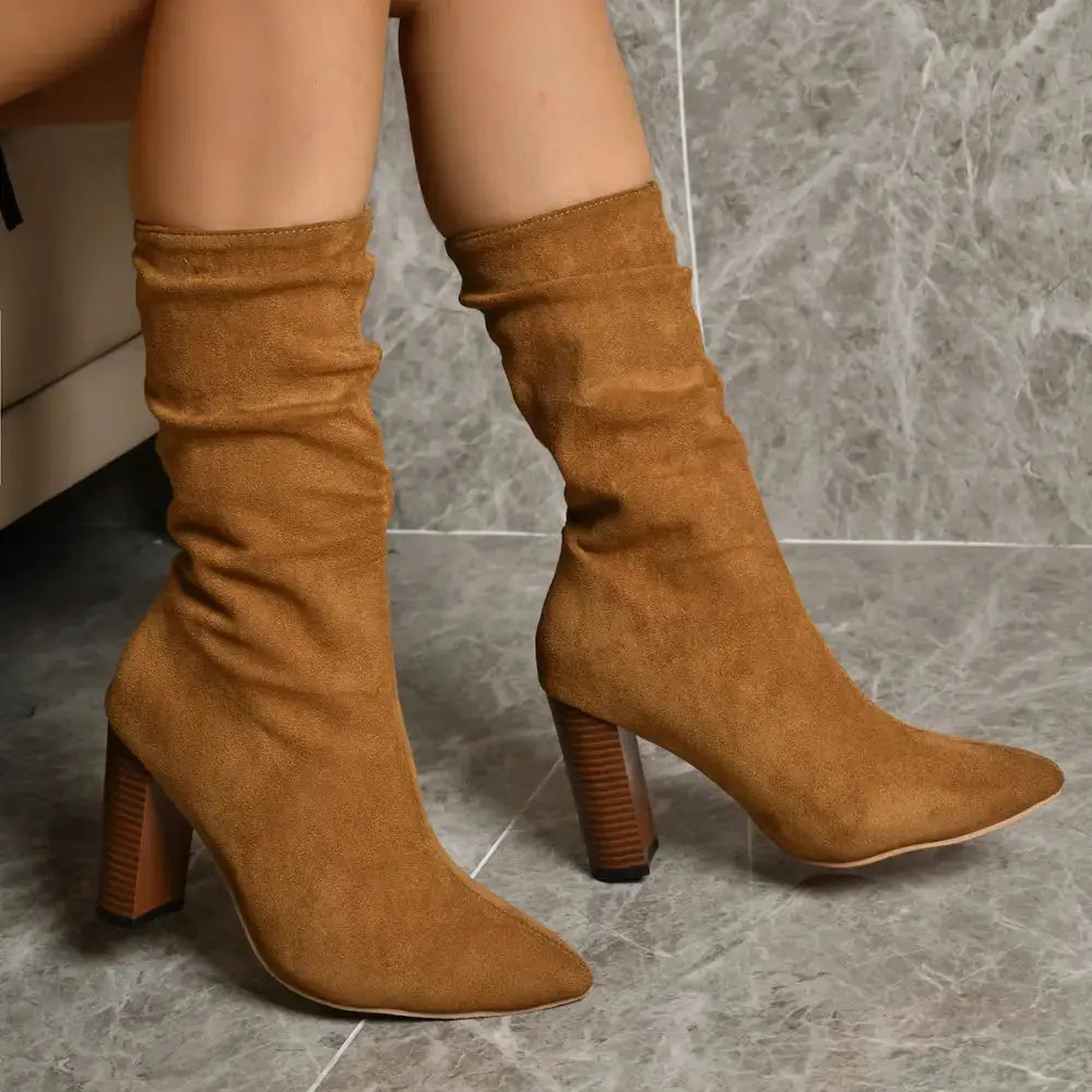 ChicStride Suede Mid-Calf Block Heel Boots for Women - LauBelle