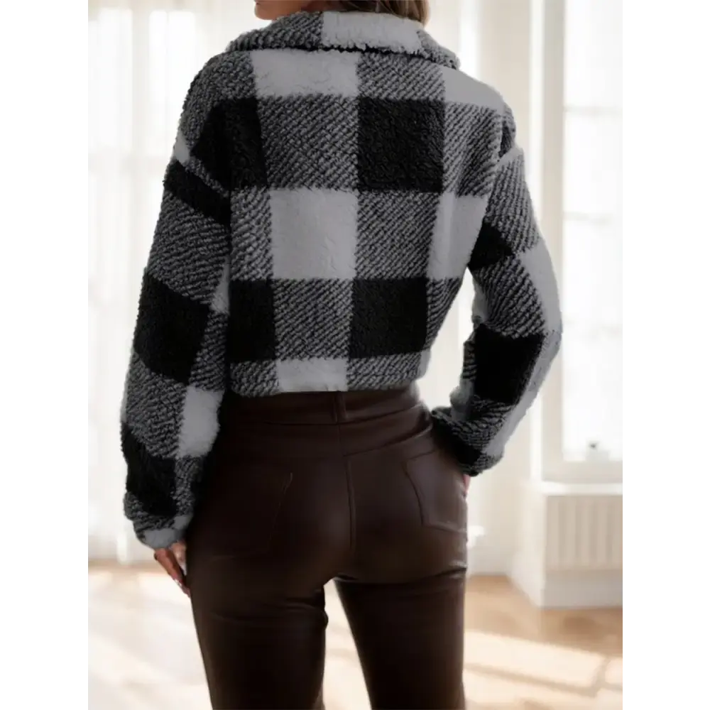 Brown and White Checkered Sherpa PlaidCozy Teddy Jacket - LauBelle